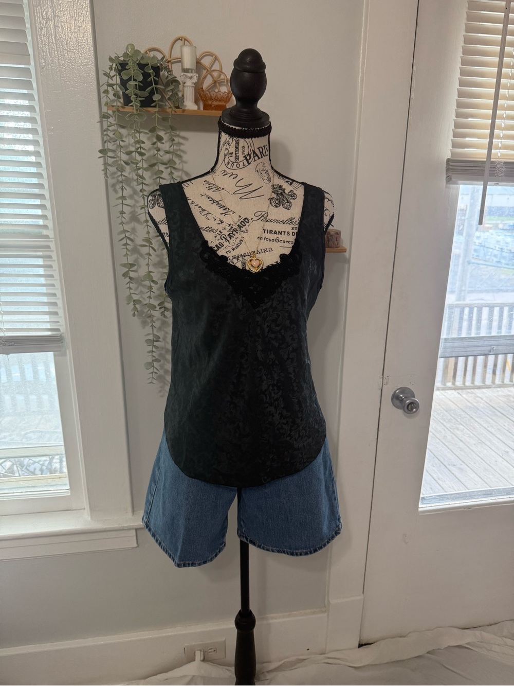 Y2K Black slip tank top with subtle floral jacquard pattern and lace detail